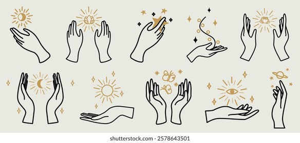 Illustration of hands with celestial symbols. Hands hold stars, moons, and suns. Celestial hands with cosmics. Magical hands with mystical symbols. Aesthetic spirituality vector illustration set.