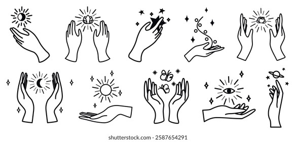 Illustration of hands with celestial symbols. Hands holding sun, moon, stars, and planets. Mystical hands, celestial theme, black and white line art. Aesthetic spirituality vector illustration set.