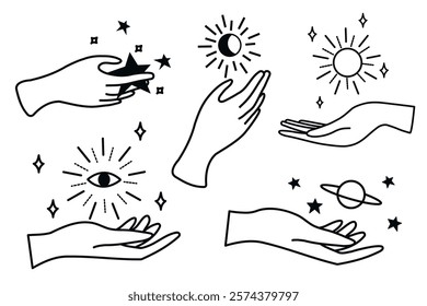 Illustration of hands with celestial symbols like stars, sun, and moon. Various hand gestures with stars. Celestial theme with hands and symbols. Aesthetic spirituality vector illustration set.