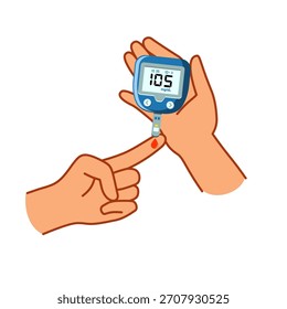 Ilustración de las manos revisando el azúcar en la sangre con un medidor de glucosa y una gota de punción en el dedo para el monitoreo de la diabetes.