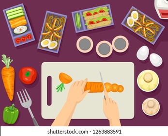 Illustration of Hands Chopping Carrots Preparing Vegetables for the Week