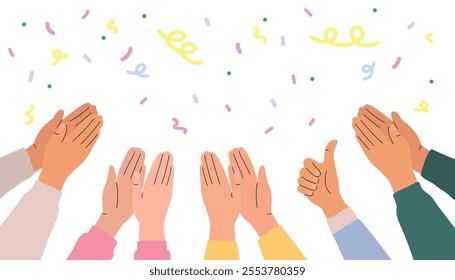 Illustration of hands clapping on a background with confetti. Crowd applause and congratulations on success. Vector illustration