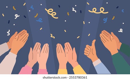 Illustration of hands clapping on a background with confetti. Crowd applause and congratulations on success. Vector illustration