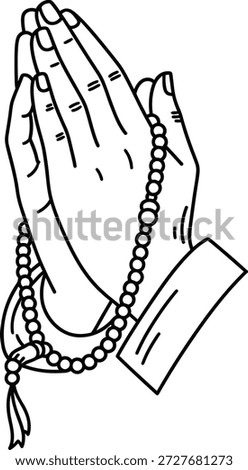 An illustration of hands clasped together in prayer, adorned with a rosary, symbolizing devotion and spirituality.