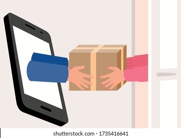 Illustration of hands come out of a smart phone screen delivering a package, online shopping concept