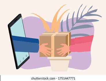 Illustration von Händen aus einem Smartphone-Bildschirm mit einem Paket, Online-Shopping-Konzept