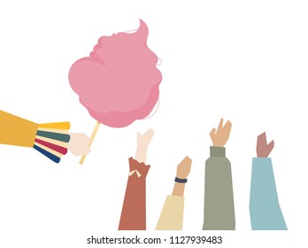 Ilustración de manos con caramelos de algodón