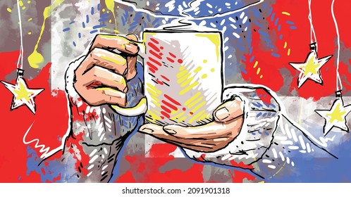 Ilustración con manos y una taza. Luminosas manchas en la pared. Graffiti. Navidad. Año Nuevo. Cartel. Postal. Textil. Grunge. Vector. Fondo de una zona fotográfica