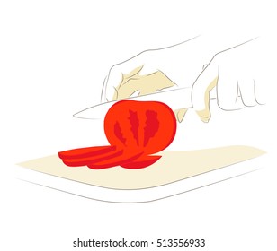 Illustration of hands cutting tomato