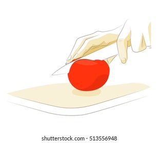 Illustration of hands cutting tomato