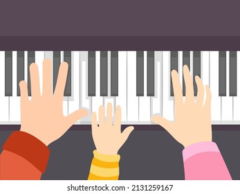 Illustration of Hands of Dad, Child, and Mom Playing Piano or Keyboard as a Family