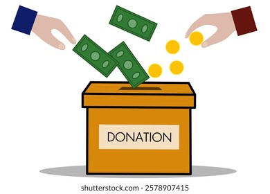 Illustration of hands deposit money coins and banknotes in charity box with donation banner text. Humanitarian aid fundraising and financial support.