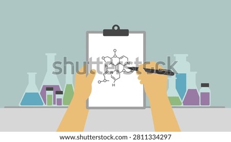 Illustration of hands drawing a chemical formula on a clipboard with flasks and laboratory beakers in background.