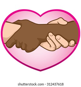 Illustration of hands folded over a heart, interracial. Ideal for catalogs, informative and institutional material