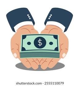 Illustration of hands in formal attire holding a stack of dollar bills, symbolizing money or finance, on a white background.