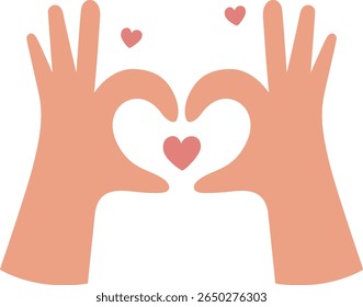 Illustration of Hands Forming a Heart Shape with Floating Pink Hearts, Symbolizing Love, Care, and Affection