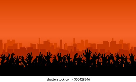 illustration of a lot of hands up in front of big city