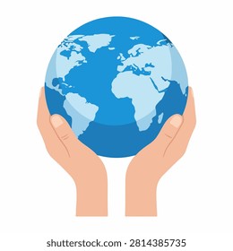 Illustration of hands gently holding a globe representing global environmental awareness and conservation efforts.