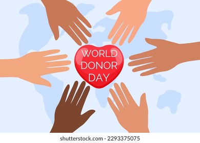 Illustration of hands and heart, world map in the background, concept of donation and helping others, vector