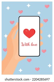 Illustration of hands hold a phone and sending a romantic message. Vector greeting card for valentines day and other holidays with phone correspondence for poster, banner, internet, social networks.