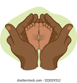 Illustration of hands holding baby feet, African descent. Ideal for catalogs, informative and institutional material