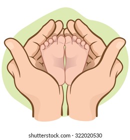Illustration hands holding baby feet, caucasian. Ideal for catalogs, informative and institutional material