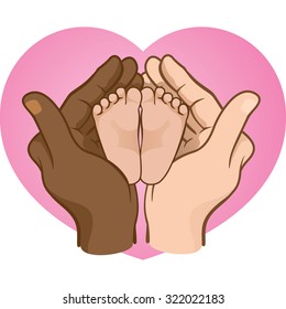Illustration of hands holding baby feet in a heart, interracial. Ideal for catalogs, informative and institutional material