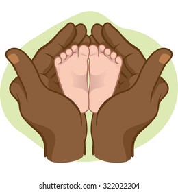 Illustration of hands holding baby feet, interracial. Ideal for catalogs, informative and institutional material