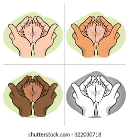 Illustration of hands holding baby feet, ethnicity. Ideal for catalogs, informative and institutional material