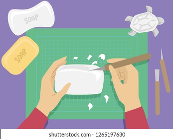 Illustration of Hands Holding a Bar of Soap and a Paring Knife Carving Something