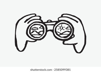 Illustration of hands holding binoculars. Binoculars show landscapes. Simple line art of binoculars. Binoculars used for viewing nature scenes. Line art illustration vector.