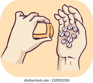 Illustration of Hands Holding a Bottle of Pills and Placing Tablets on the Other Hand. Drug Dependency