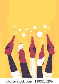 Illustration of Hands Holding Bottles of Beer Up in an After Work Party. Cheers