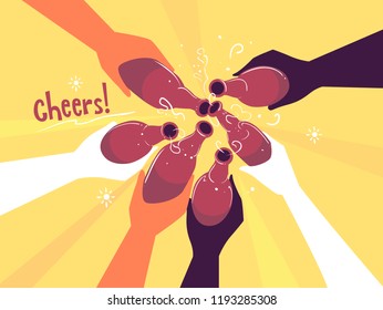 Illustration of Hands Holding Bottles of Beer Up in Cheers