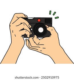 Illustration of hands holding a camera, capturing a moment, emphasizing photography, creativity, and the art of taking pictures.