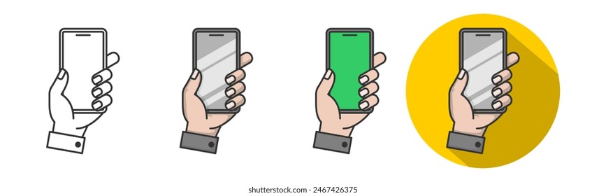 An illustration of hands holding a cellphone, customizable as an EPS vector file. It's isolated on a transparent white background and suitable for logos, signs, icons, and symbols. Free to use.