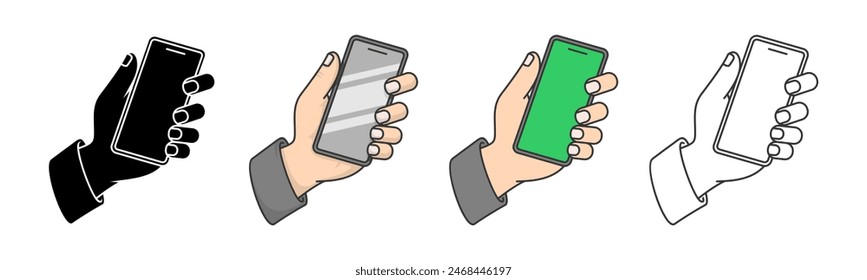 An illustration of hands holding a cellphone, customizable as an EPS vector file. It's isolated on a transparent white background and suitable for logos, signs, icons, and symbols. Free to use.