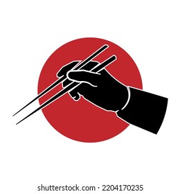 illustration of hands holding chopsticks and with the Japanese flag in the background, which is a traditional cutlery there