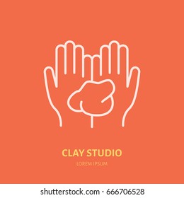 Illustration of hands holding clay. Pottery workshop, ceramics classes line icon. Clay studio sign. Hand building, sculpturing equipment shop logo