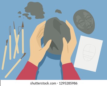 Illustration of Hands Holding Clay with Sketch and Clay Modeling and Sculpting Tools