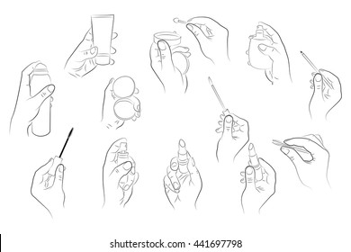 illustration of hands holding different cosmetics. lipstick, shadows,cream, powder.
