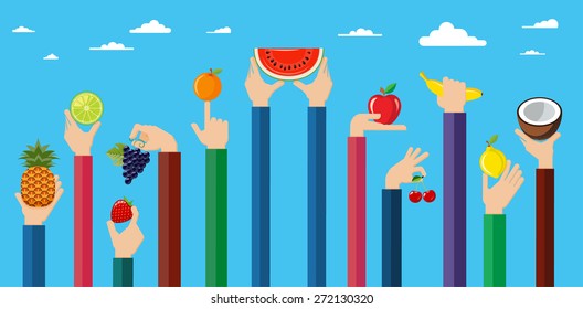 Illustration of hands holding different kinds of fruits. Vegetarian food icons. Flat design hand icons holding different types of fruit high against the sky. Vector illustration.

