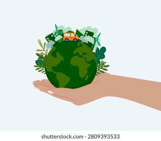illustration of hands holding the earth with the concept of an eco friendly city