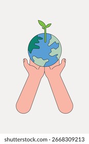 Ilustración de manos sosteniendo la Tierra con un brote. Las manos acunan el planeta, simbolizando el cuidado. La tierra y los brotes representan el crecimiento, la naturaleza y el cuidado ambiental. Vector de ilustración de brazo.