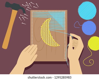 Illustration Of Hands Holding Embroidery String Or Floss Creating String Art With Hammer And Nails