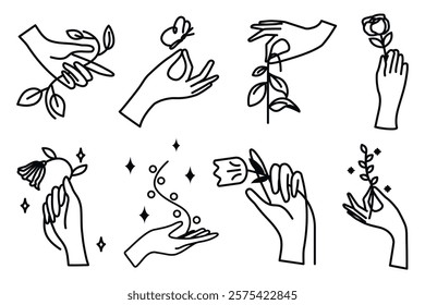 Illustration of hands holding flowers and plants. Delicate hands, flowers, and plants. Minimalist design with hands, flowers, and plants in line art. Aesthetic spirituality vector illustration set.