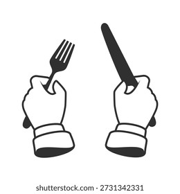 Illustration of hands holding a fork and spoon, representing hunger, dining, food service, and mealtime. Ideal for restaurant, menu, kitchen, and nutrition themes.