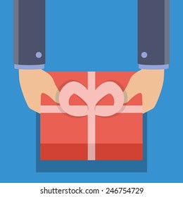 Illustration of hands holding gift in flat style