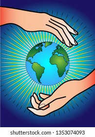 an illustration of hands holding the globe represents the protection of the world
