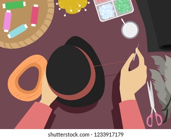 Illustration of Hands Holding a Hat and Needle Making Hat